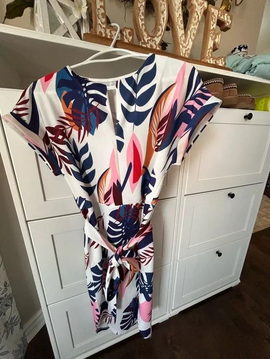 Tropical Leaf Print Tie-Waist Midi Dress - White Multi - Picture 3 of 4